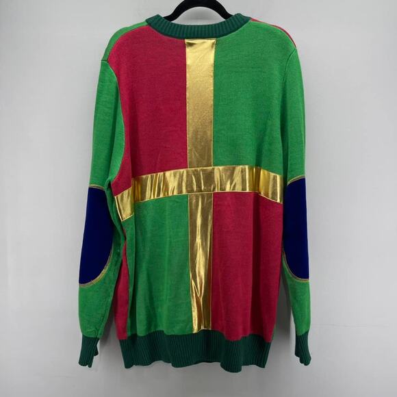 Tipsy Elves Christmas Present‎ Gold Bow NameTag Red Green Ugly Christmas Sweater - Picture 2 of 7